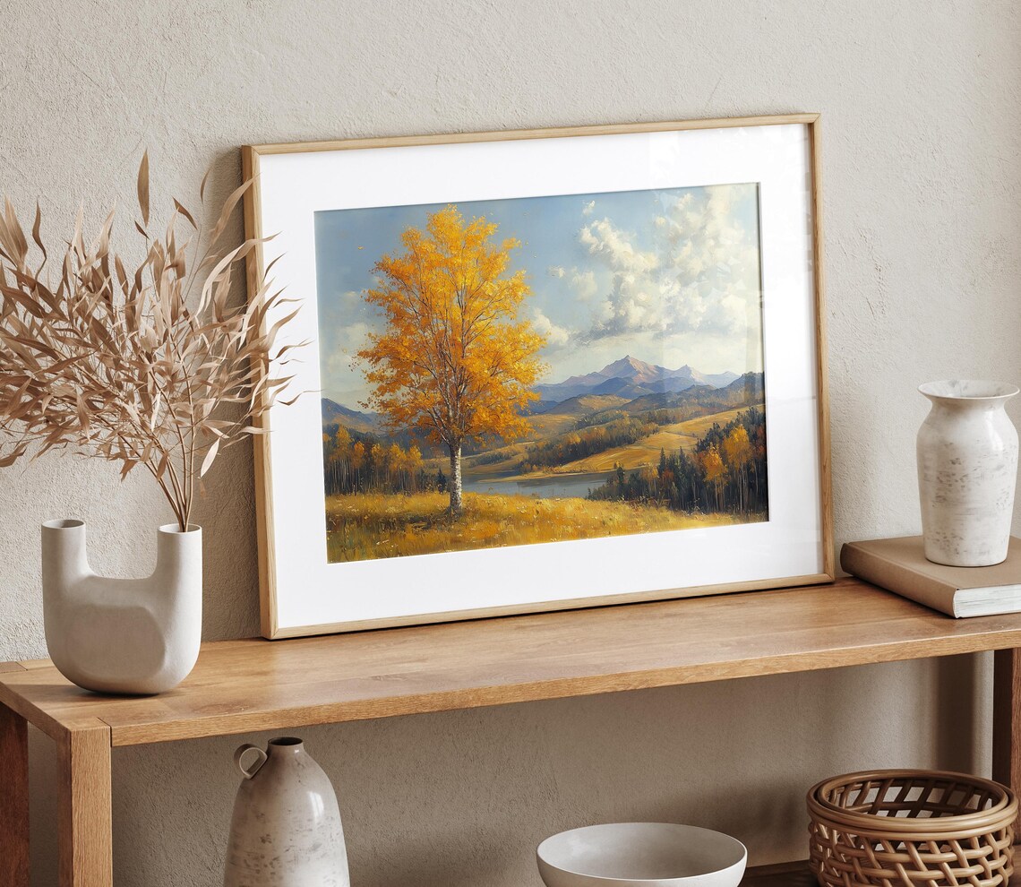 Golden Birch Tree Mountain Lake Autumn Hillside Fall Landscape Wall Art - Image 4