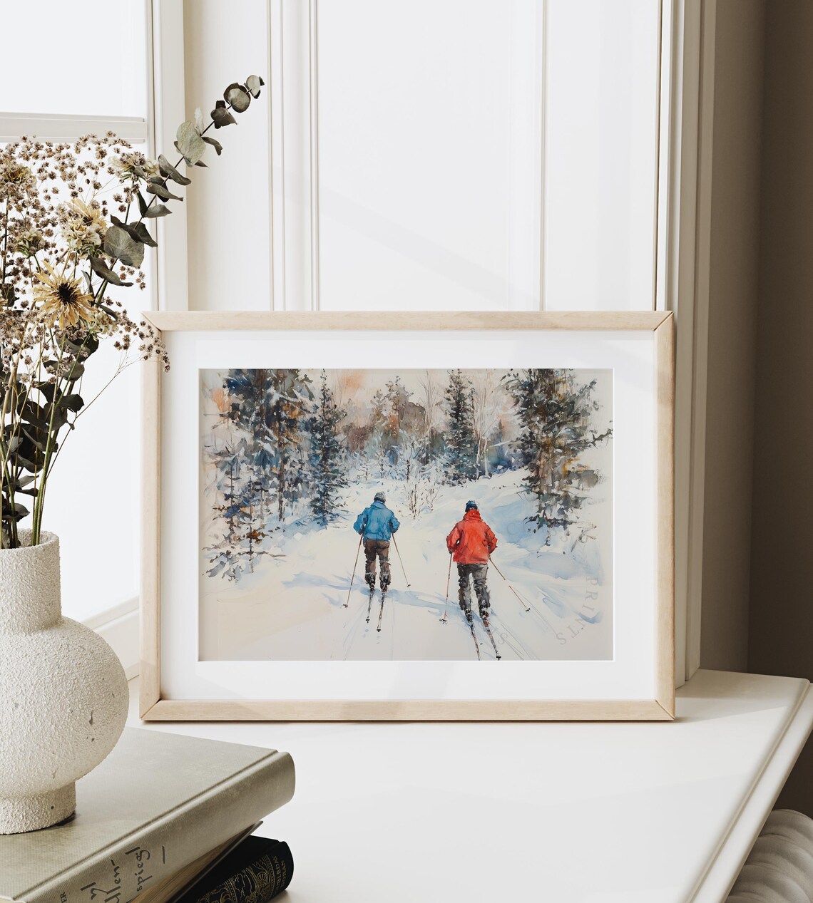 Two Cross Country Skiers In Snowy Forest Watercolor Winter Poster - Image 6
