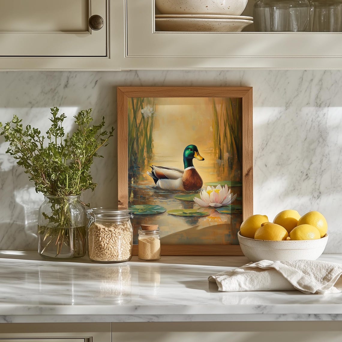 Mallard Duck On Serene Pond Water Lily Spring Nature Painting Print - Image 5