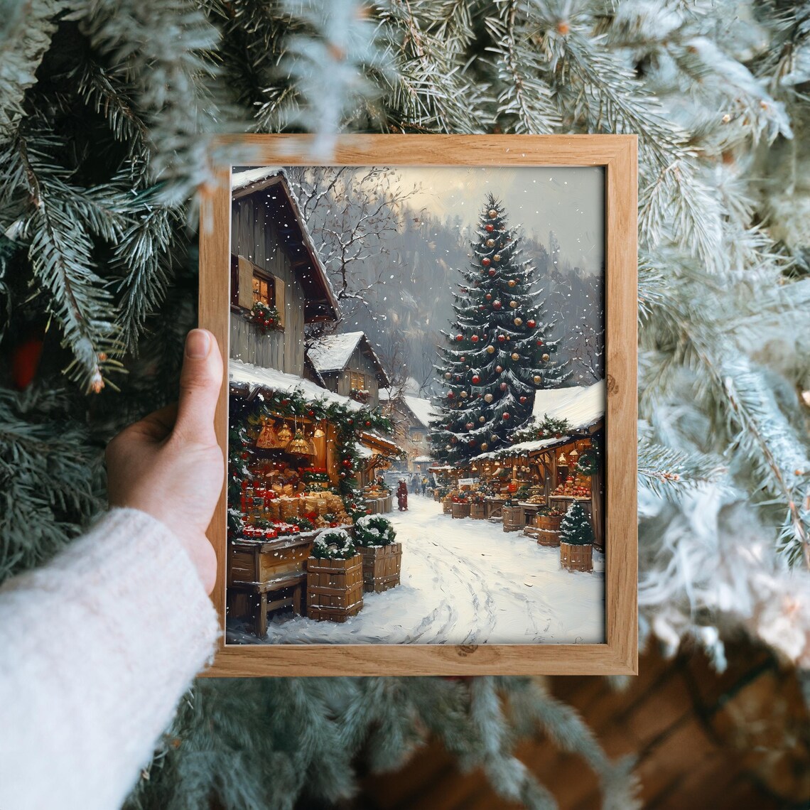 Snowy Christmas Market with Big Tree and Warm Market Stalls Poster - Image 6