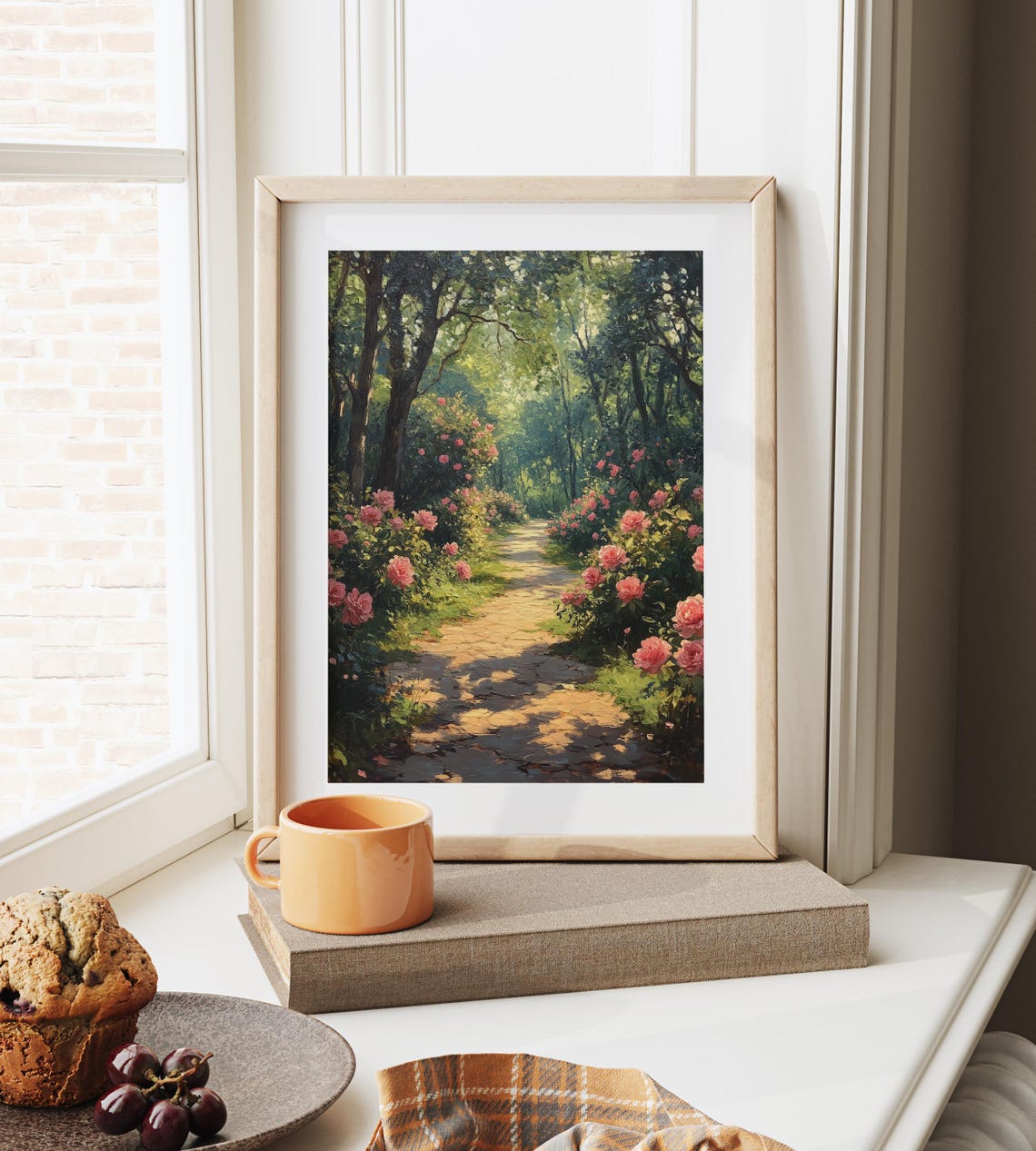 Sunlit Forest Path Lined With Blooming Pink Roses Woodland Poster - Image 4