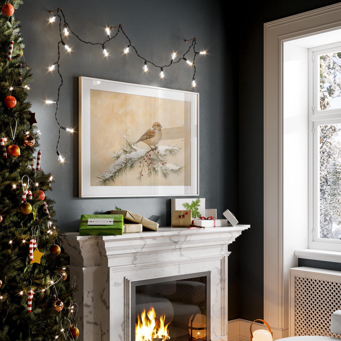Linnet Songbird On Snow Dusted Pine With Red Berries Winter Print - Image 2