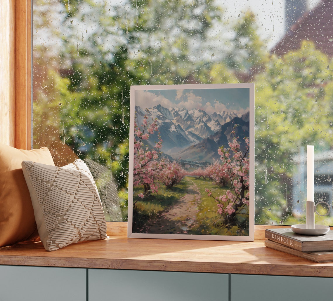 Blossoming Orchard Pink Spring Path Snowy Mountain Valley Poster - Image 2
