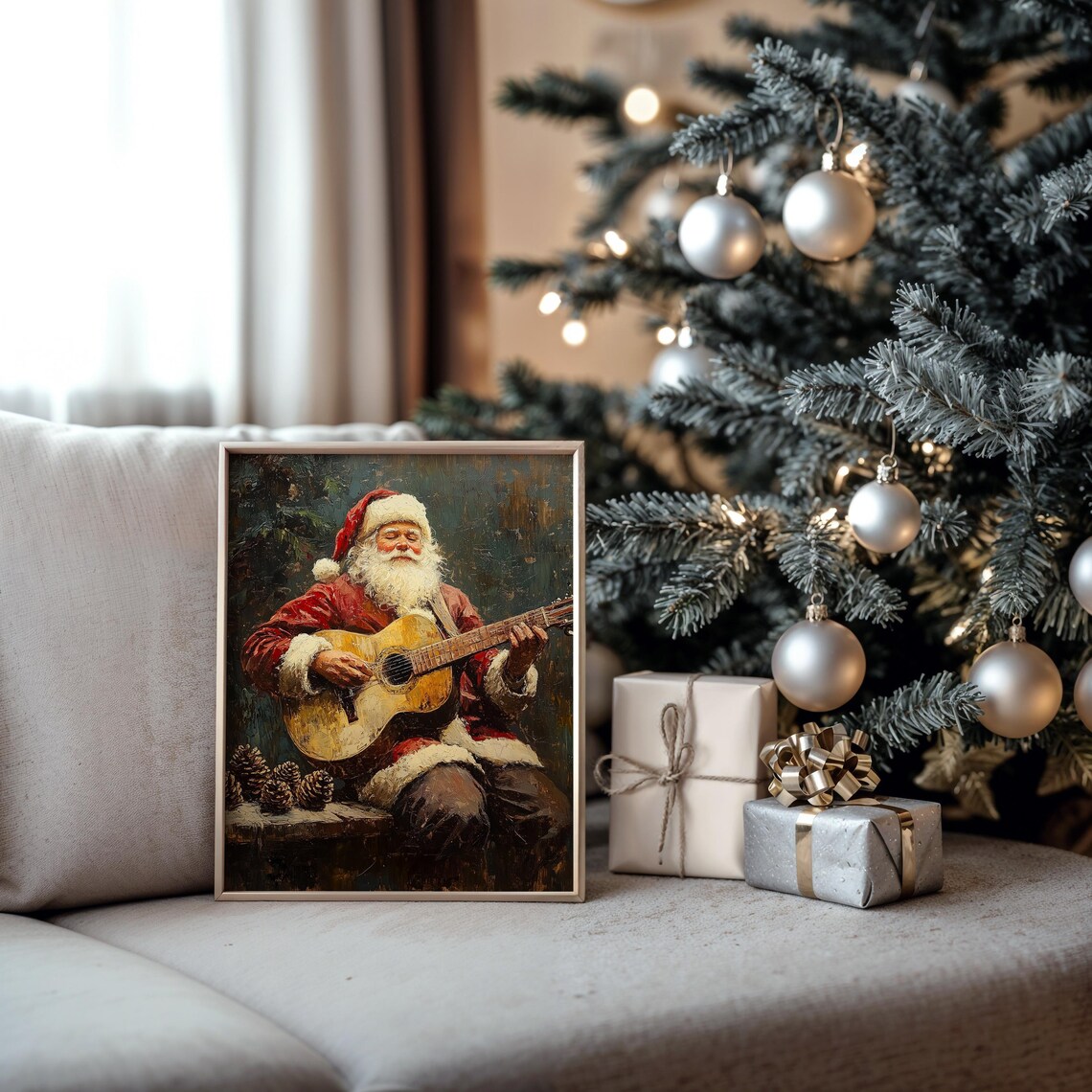 Santa Claus Playing Acoustic Guitar Christmas Oil Painting Print - Image 5