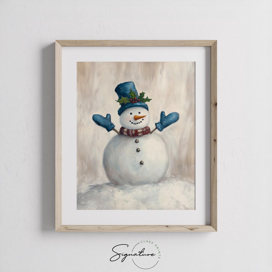 Cheerful Snowman in Blue Hat with Holly Christmas Painting Poster - Image 2