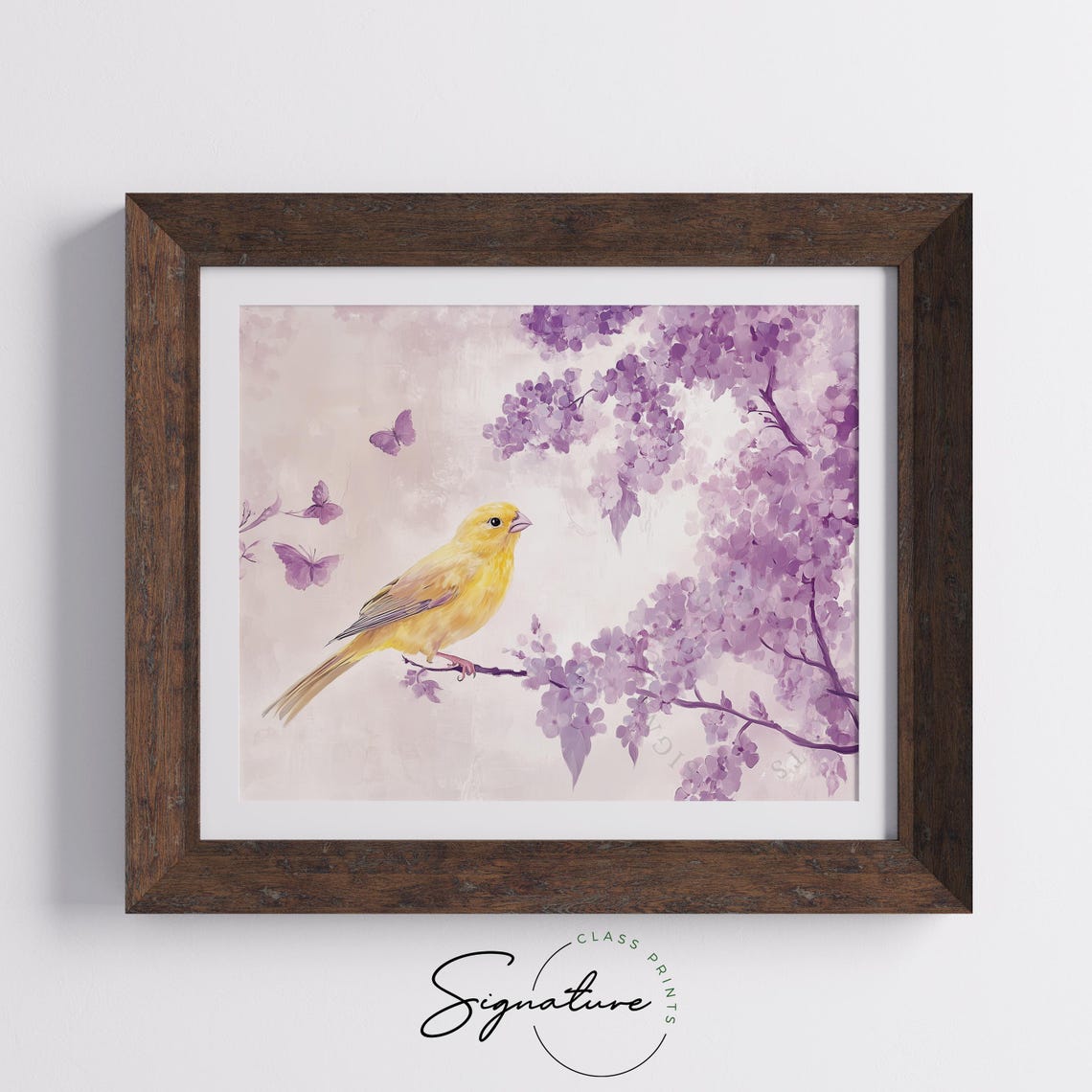 Yellow Canary On Lilac Branch With Purple Butterflies Poster - Image 3