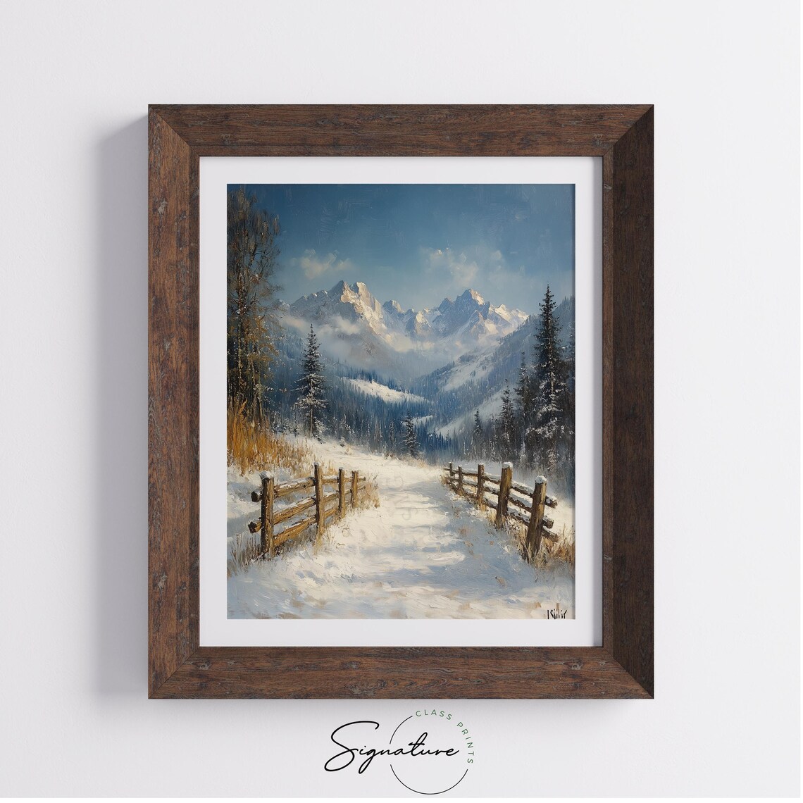 Serene Snowy Alpine Road Wooden Fences Mountain Landscape Poster - Image 2