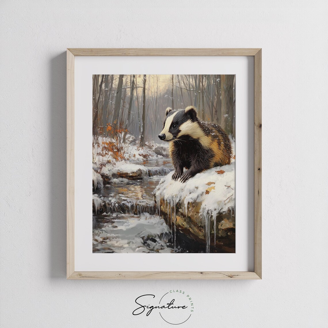 Badger Snowy Stream Winter Woodland Forest Wildlife Oil Painting Poster - Image 3