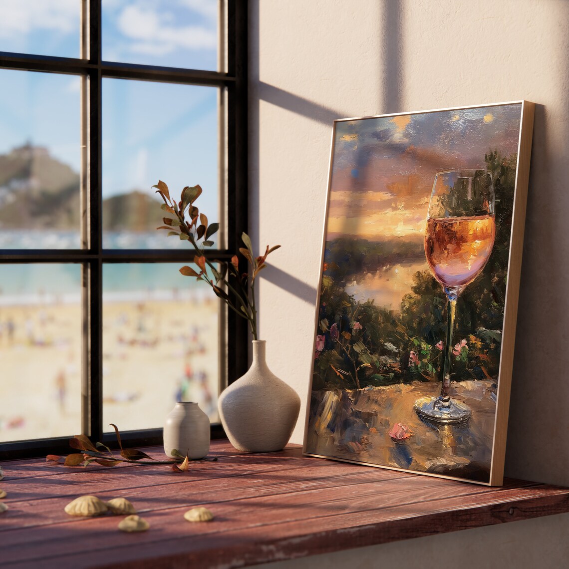Rose Wine Sunset River View Roses Stone Ledge Romantic Evening Oil Poster - Image 5