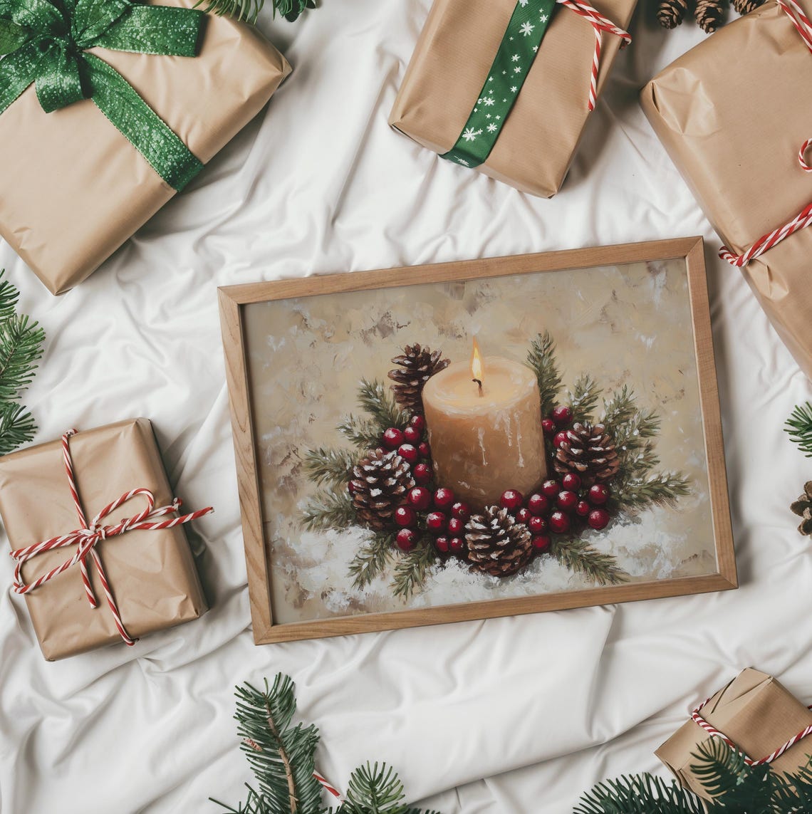 Lit Holiday Candle With Cranberries Pinecones Festive Wreath Poster - Image 2