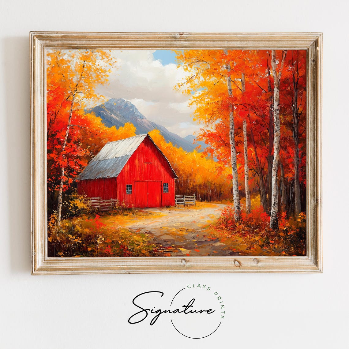 Red Barn Autumn Birches Mountain Fall Farm Landscape Wall Art