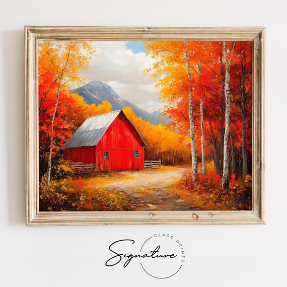 Red Barn Autumn Birches Mountain Fall Farm Landscape Wall Art