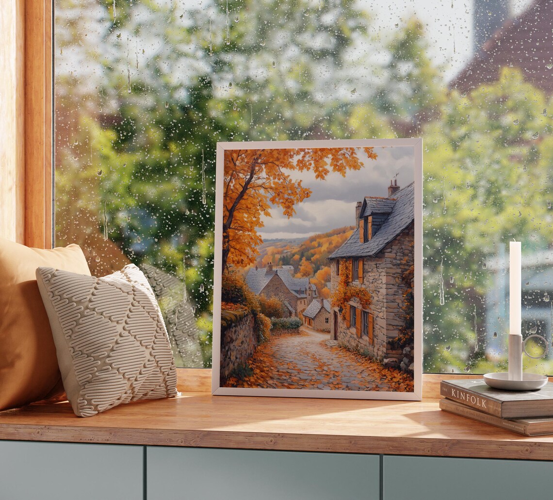 Autumn Village Street Stone Cottages Slate Roofs Orange Leaves Poster - Image 2