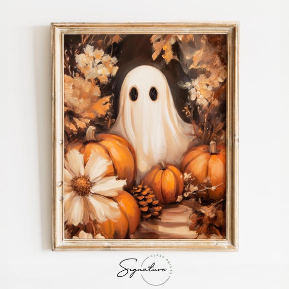 Ghost With Pumpkins And Pinecones Rustic Earthy Autumn Decor Moody Cottagecore Ghost Art Halloween Wall Print 1586