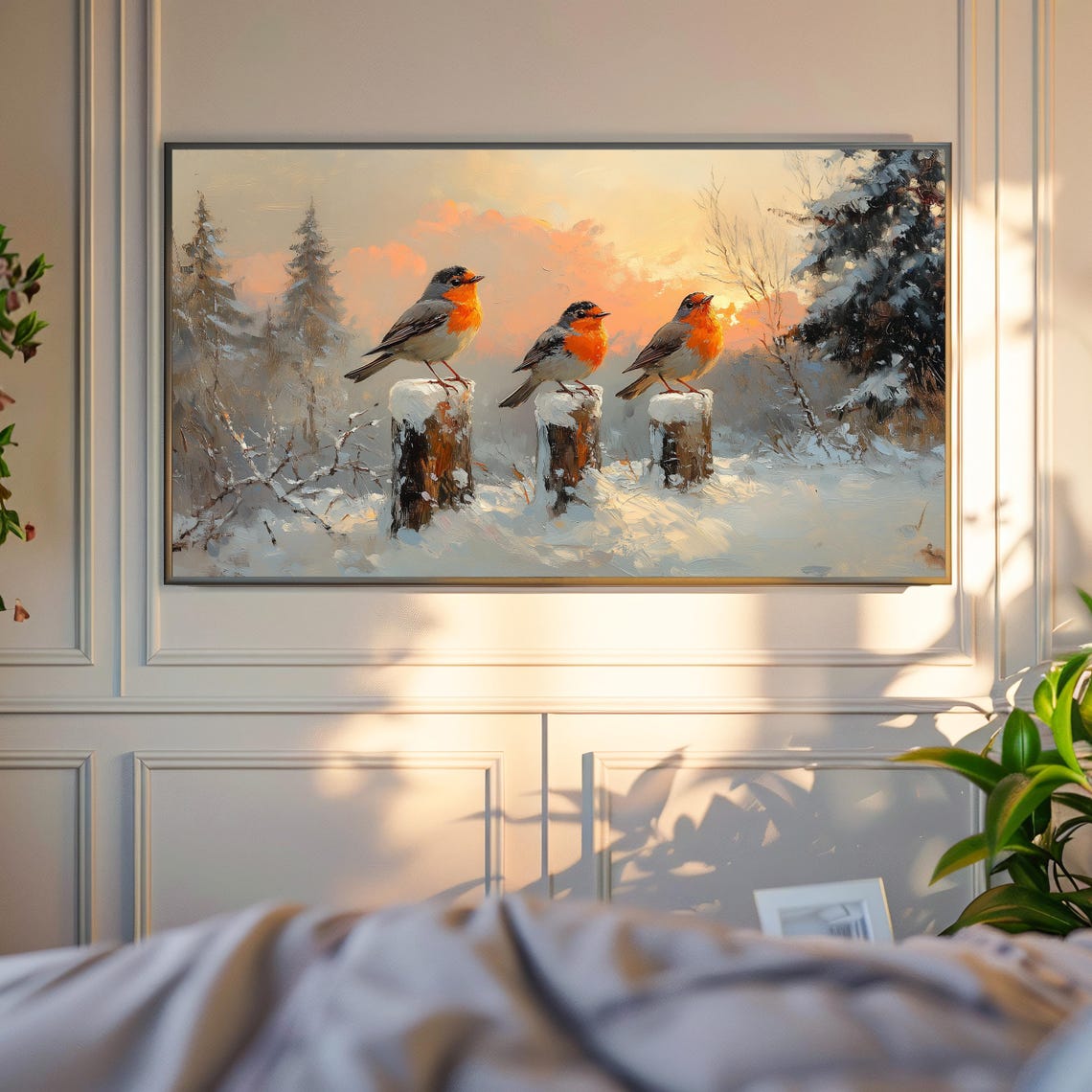 Three Robins On Snowy Stumps At Winter Sunrise Warm Bird Art Poster - Image 4