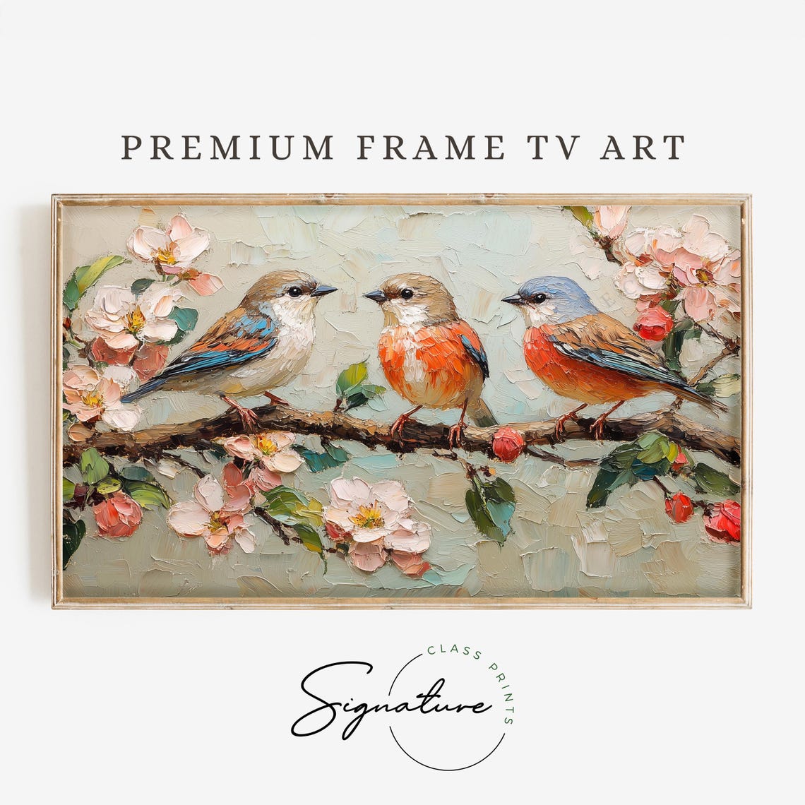 Three Blue Orange Finches On Pink Blossom Branch Impasto Poster
