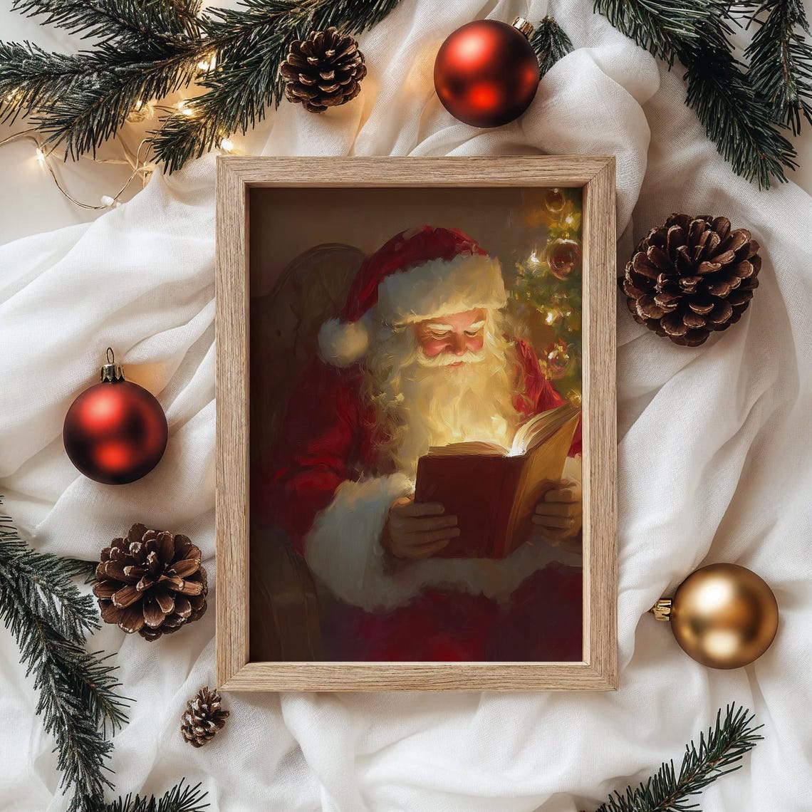 Santa Claus Reading Glowing Book Christmas Tree Painting Poster - Image 3