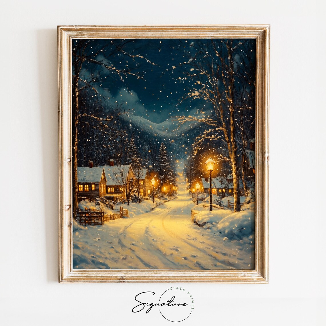 Snowy Village Street at Night with Falling Snow and Lampposts Poster
