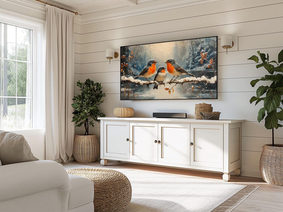 Robin Trio On Snowy Branch Over Winter Water Falling Snow Art Poster - Image 3