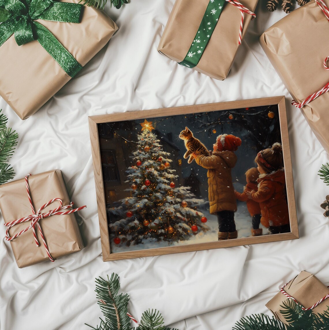 Child Holding A Kitten Up To A Snowy Christmas Tree At Night Poster - Image 2