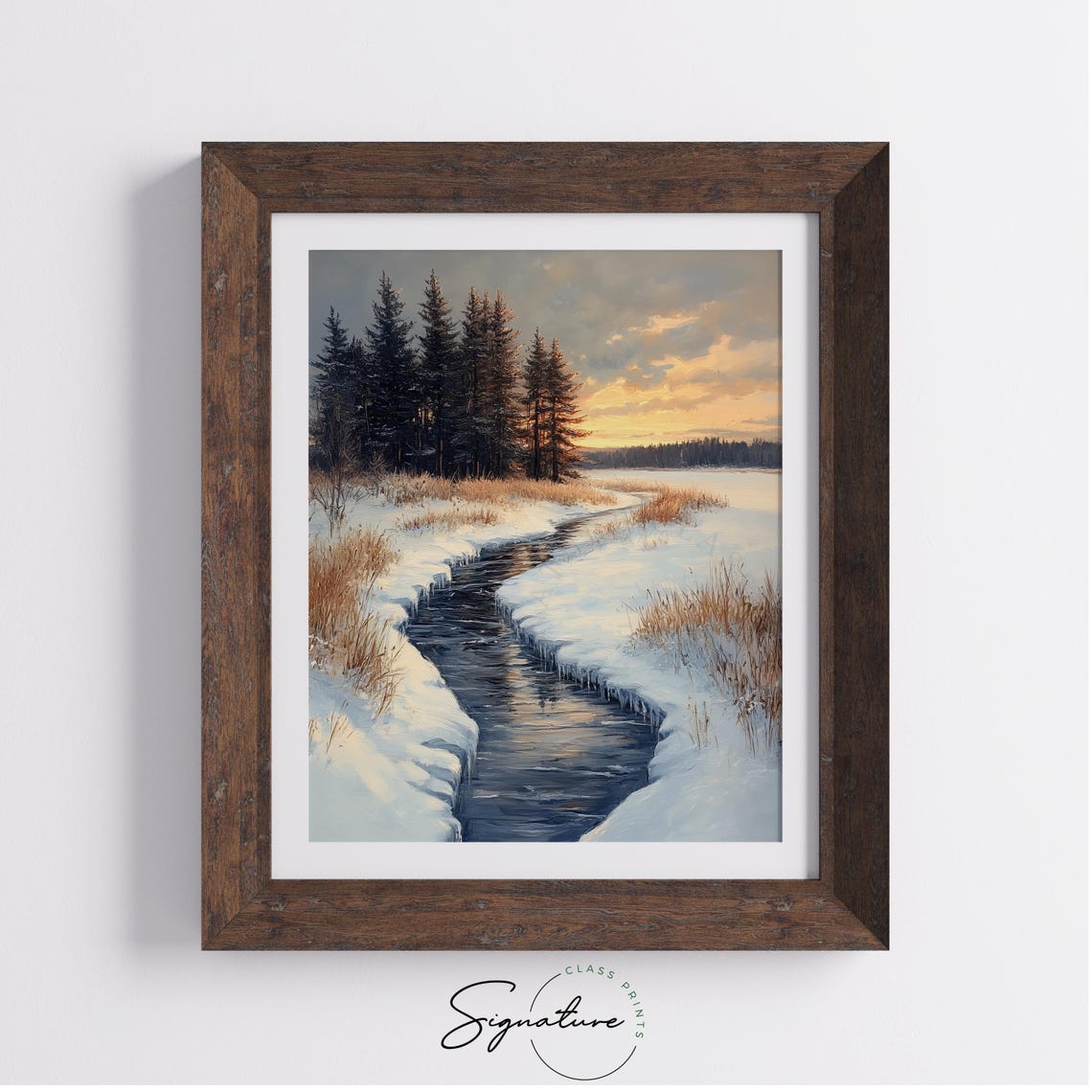 Frozen Stream Through a Snowy Meadow at Golden Sunset Poster - Image 3