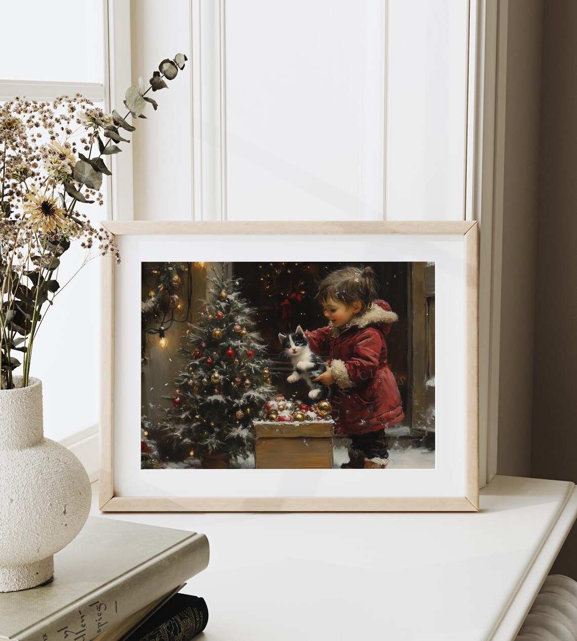 Little Girl Holding A Kitten Beside A Snowy Christmas Tree Poster - Image 6