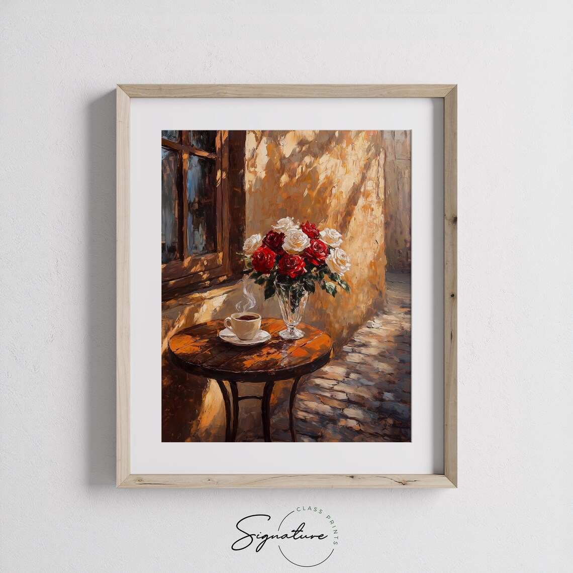 Sunlit Coffee Shop Patio With Roses, Rustic Scene Art Print - Image 3