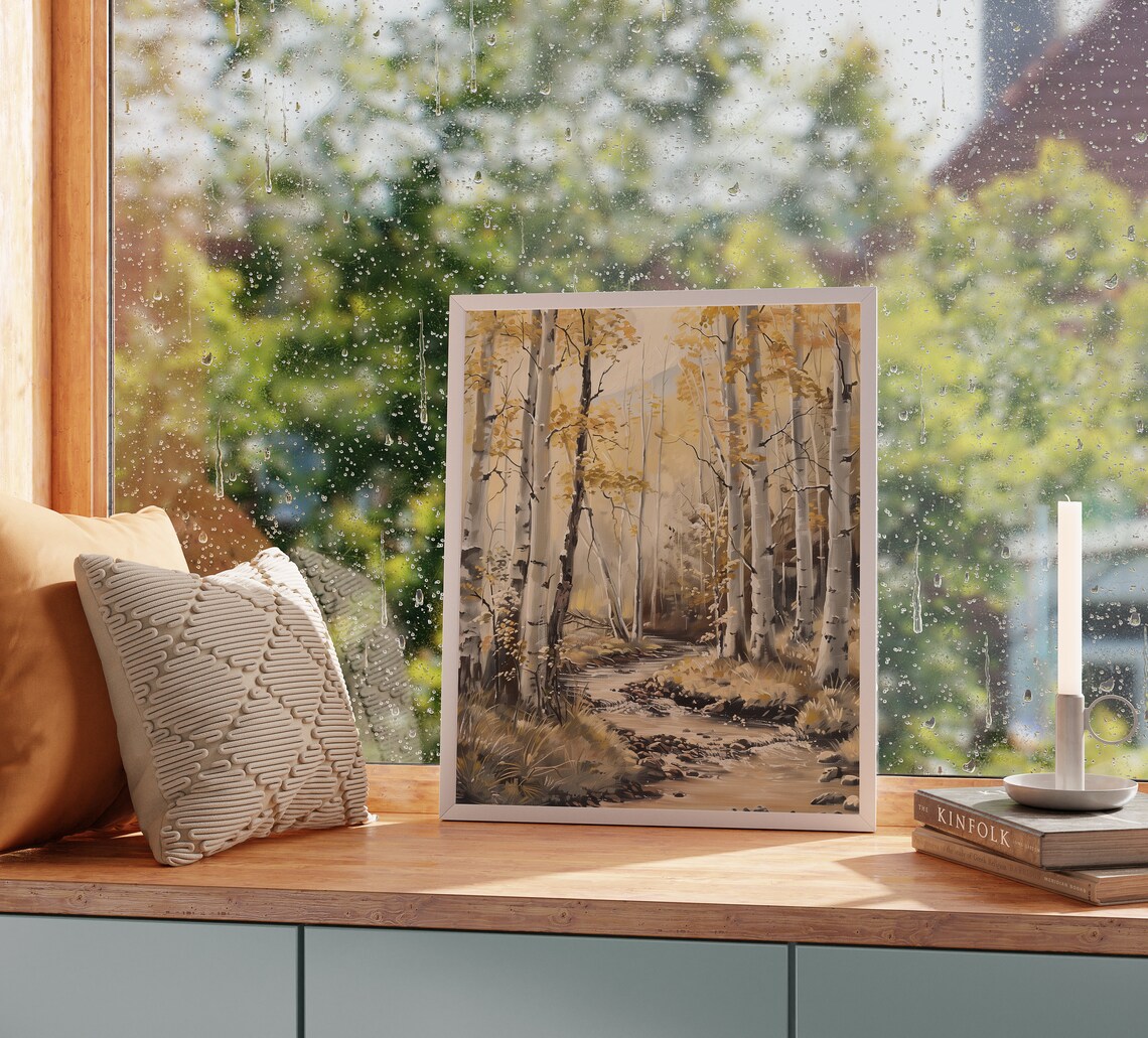 Sunlit Aspen Grove Creek Flowing Golden Autumn Trees Forest Oil Poster - Image 2