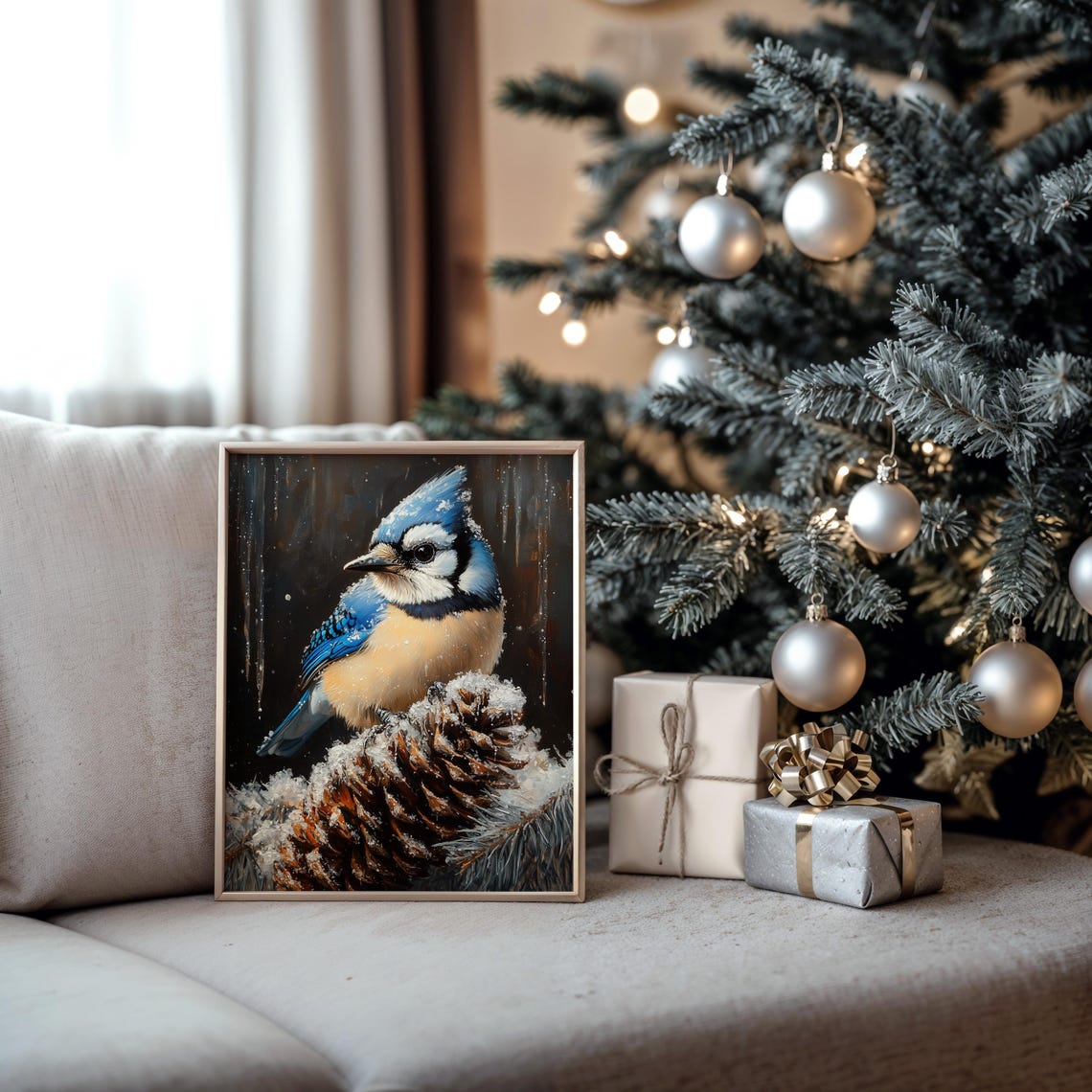 Blue Jay Perched On Snowy Pinecone Dark Winter Bird Portrait Poster - Image 5