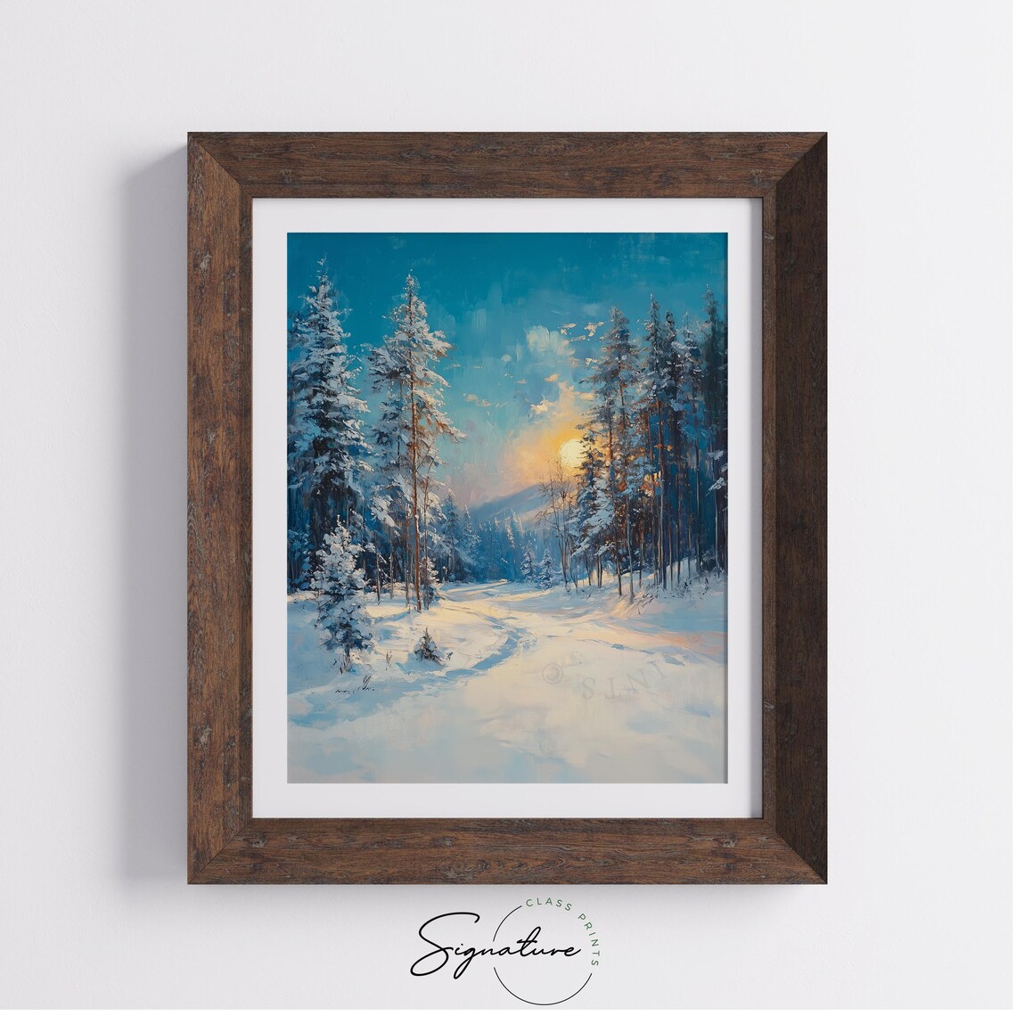 Snowy Pine Forest at Dusk Blue Winter Landscape Oil Painting Print - Image 3
