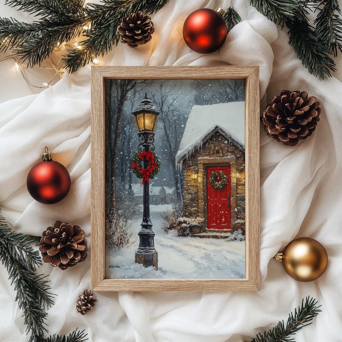 Glowing Christmas Lamppost with Wreath by a Cottage in Snow Poster - Image 4