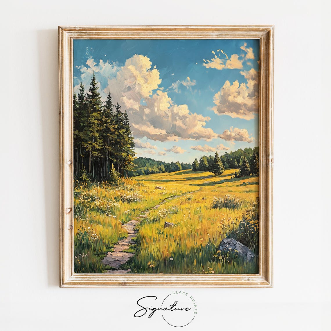 Golden Meadow Pine Forest Path Under Summer Sky Landscape Poster