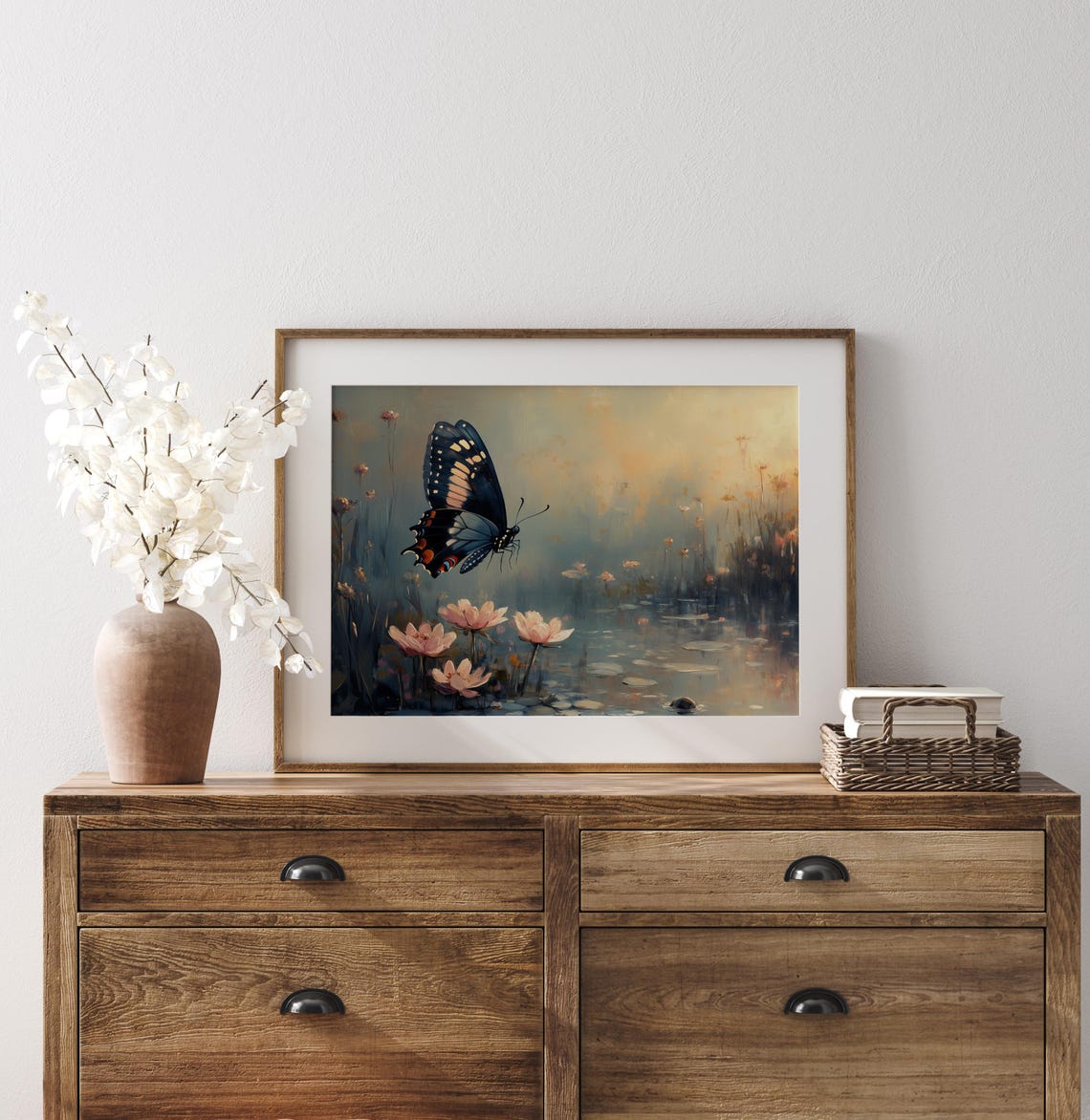 Midnight Blue Butterfly Over Lotus Pond Twilight Dreamy Wall Art - Image 2