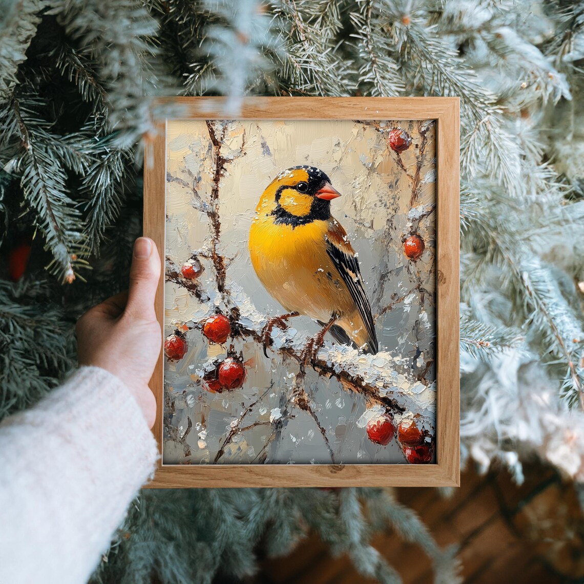 Goldfinch On Snowy Branch With Red Berries Winter Bird Art Poster - Image 6