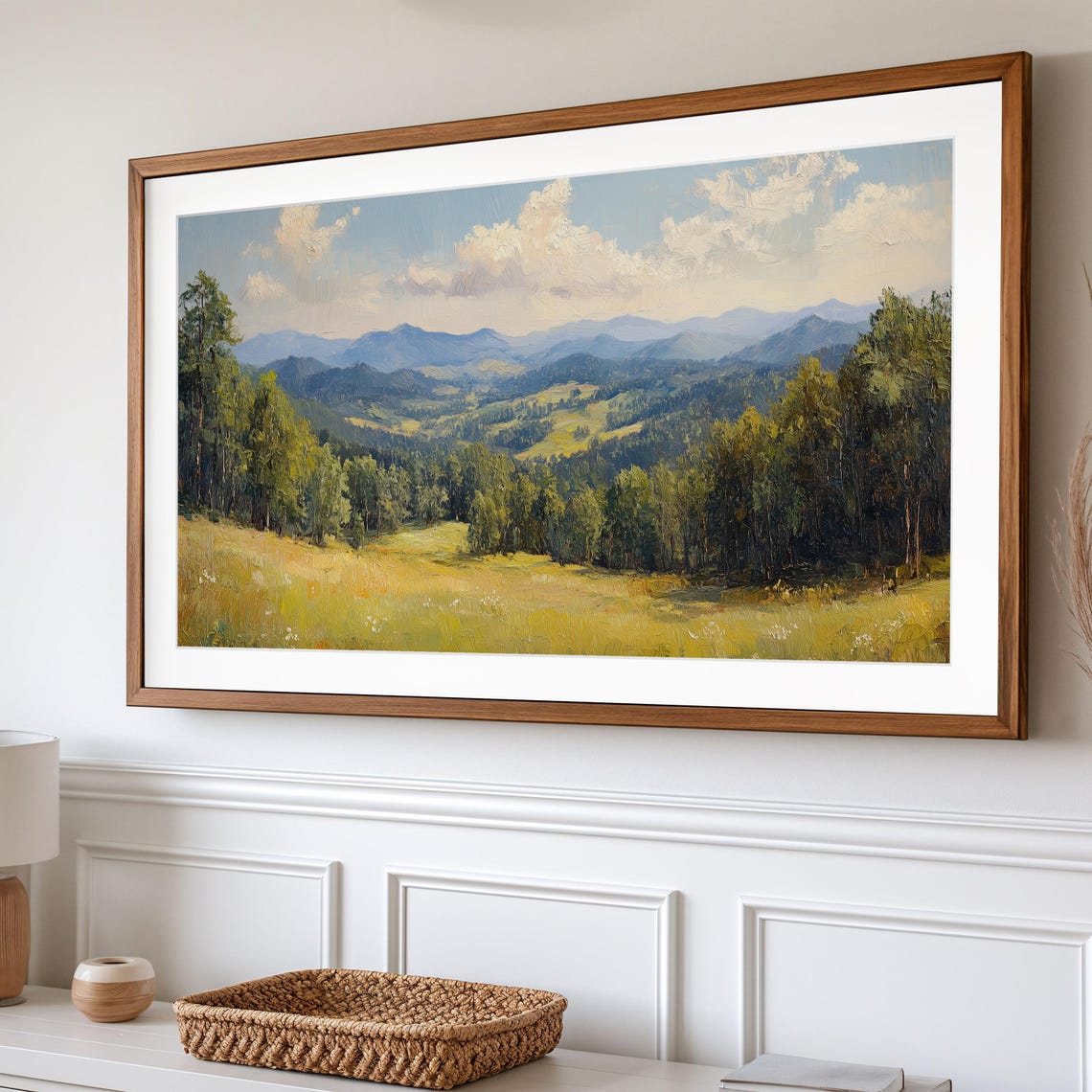 Green Forest Valley Sunlit Meadow Hazy Mountain Landscape Wall Art - Image 2