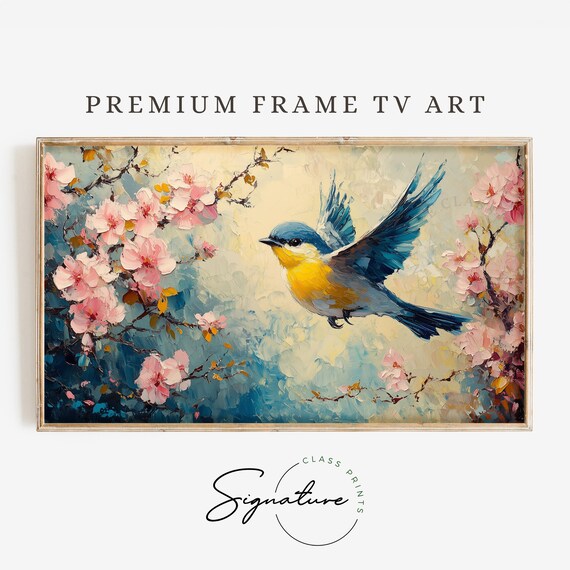 Finch Flying Pink Azalea Blossoms Spring Bird Wings Spread Vibrant Art Poster