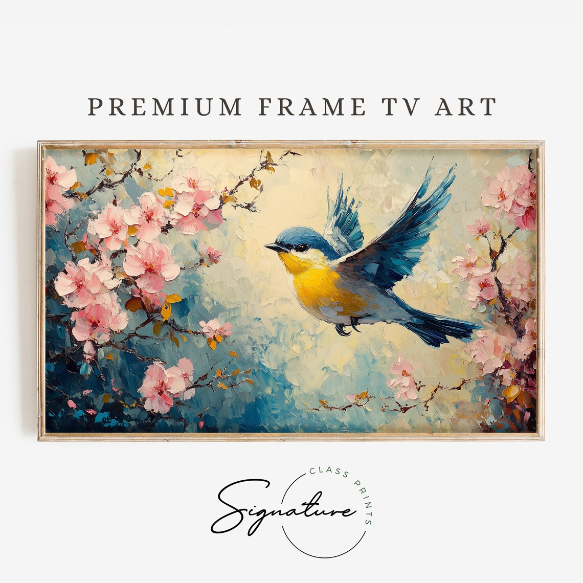 Finch Flying Pink Azalea Blossoms Spring Bird Wings Spread Vibrant Art Poster