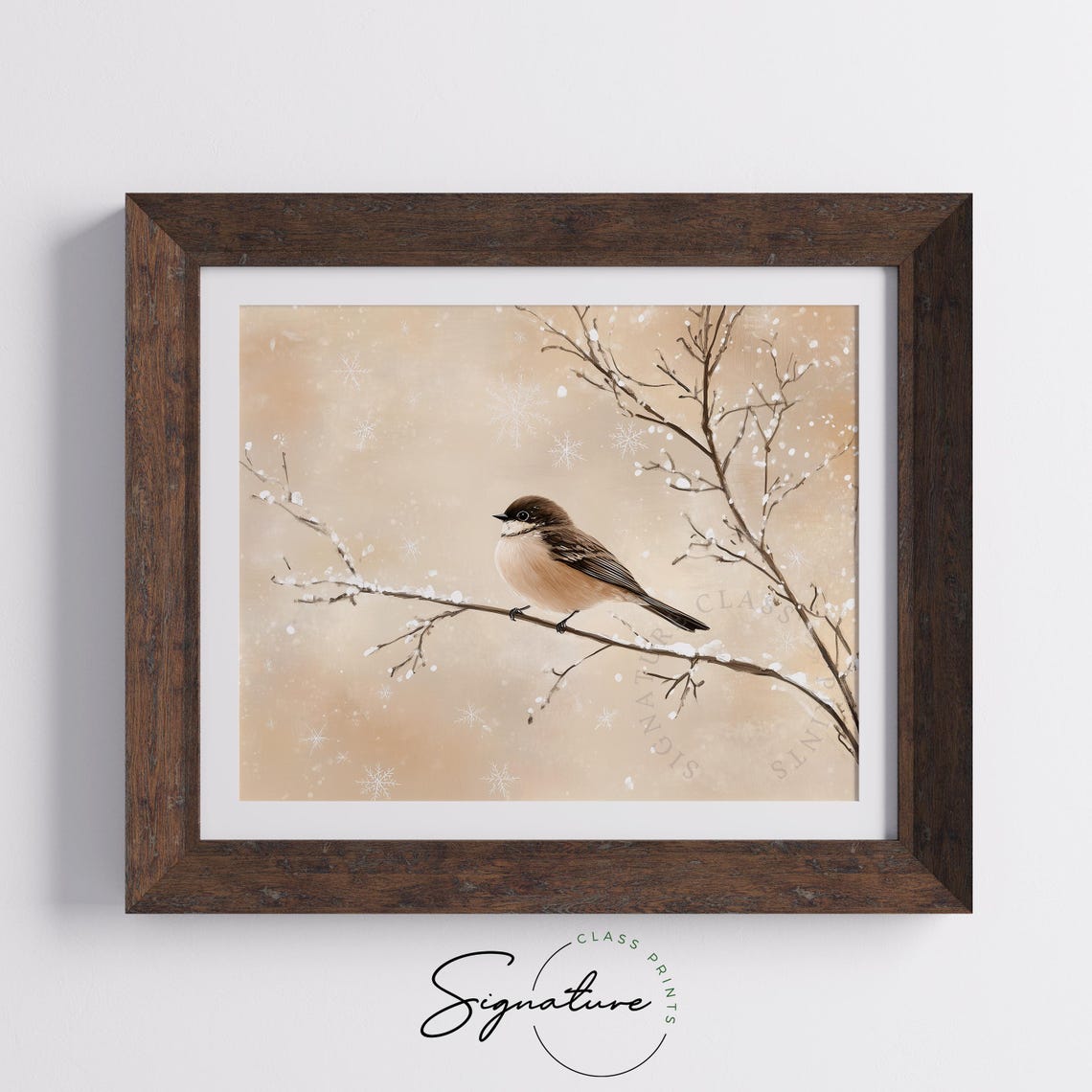 Chickadee on Snowy Branch Blush Pink Winter Bird Artwork Poster - Image 5