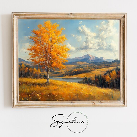 Golden Birch Tree Mountain Lake Autumn Hillside Fall Landscape Wall Art