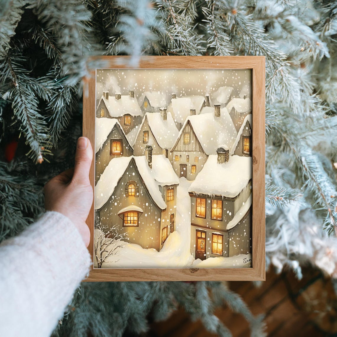 Cozy Snowy Cottages with Glowing Windows in Soft Snowfall Poster - Image 6