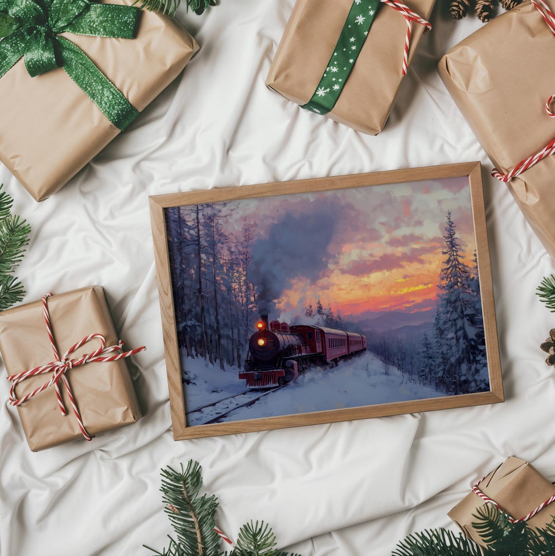 Vintage Steam Train Crossing Snowy Mountains At Sunset Art Poster - Image 2