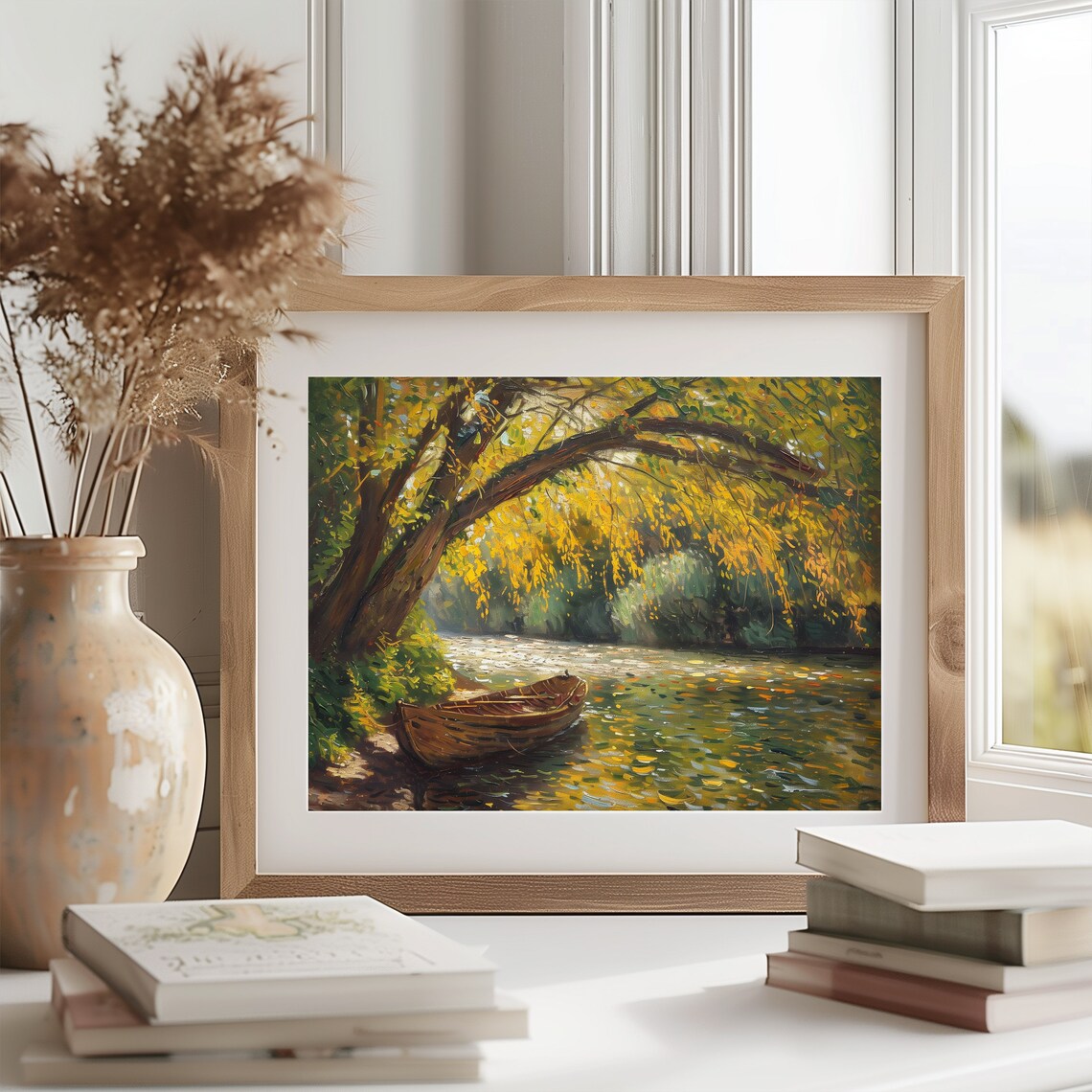 Golden Elm Arching Over Sleepy Canal Moored Wooden Rowboat Poster - Image 2