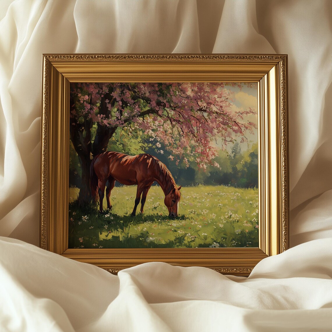 Horse Grazing Under Flowering Tree, Vintage Country Scene - Image 5