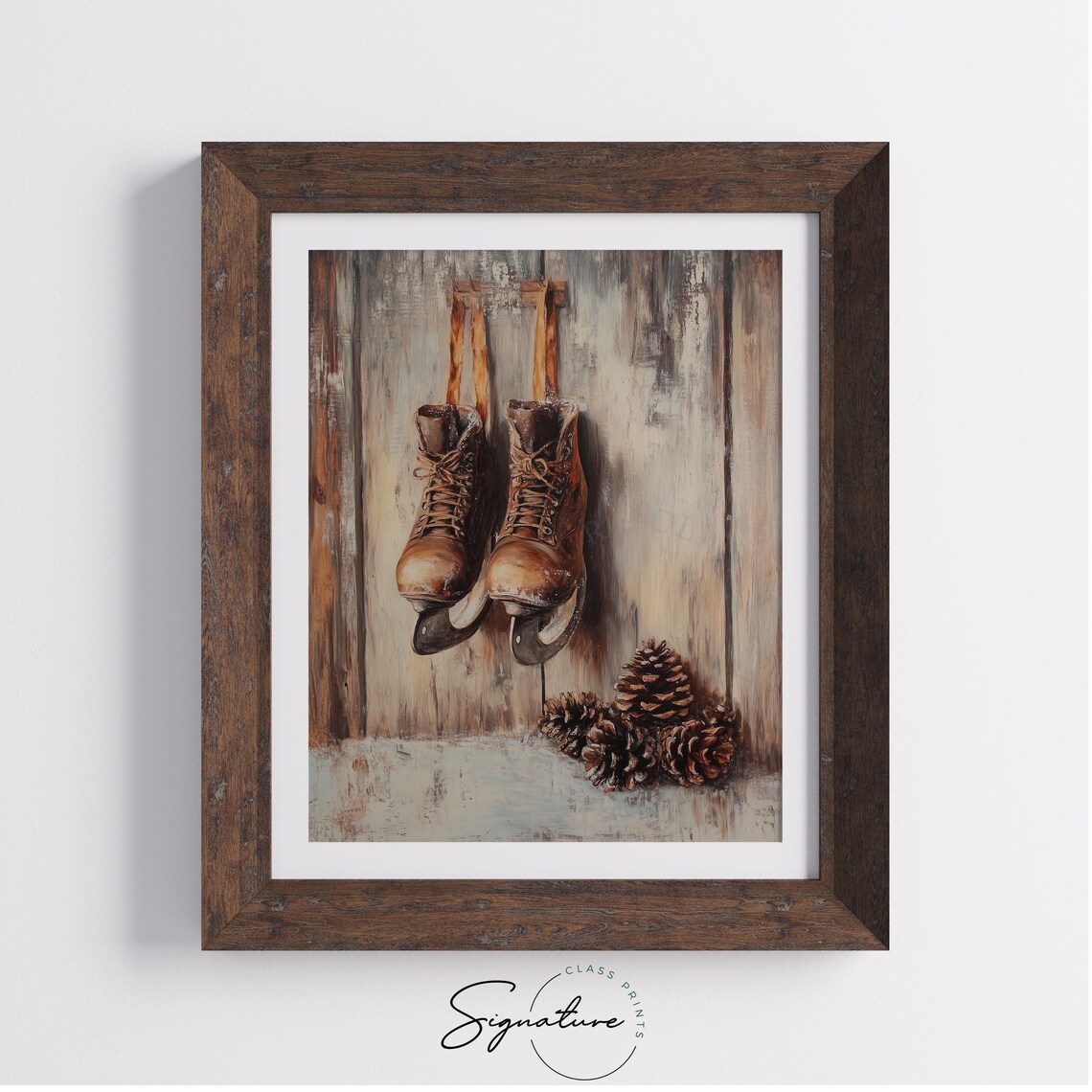 Pair of Vintage Ice Skates on Rustic Wood Winter Oil Painting Print - Image 3