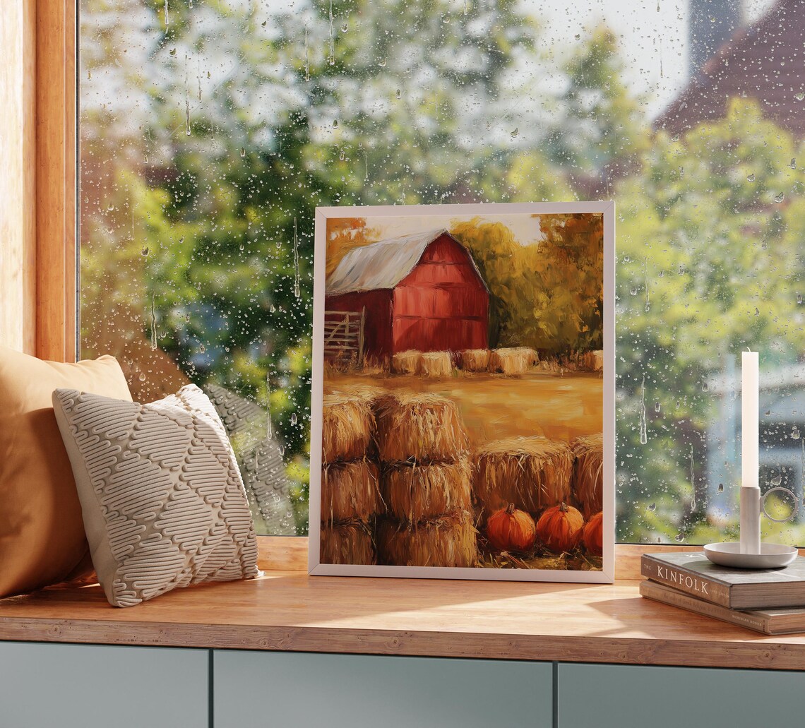 Red Barn Hay Bales Pumpkins Golden Autumn Field Farm Scene Poster - Image 2
