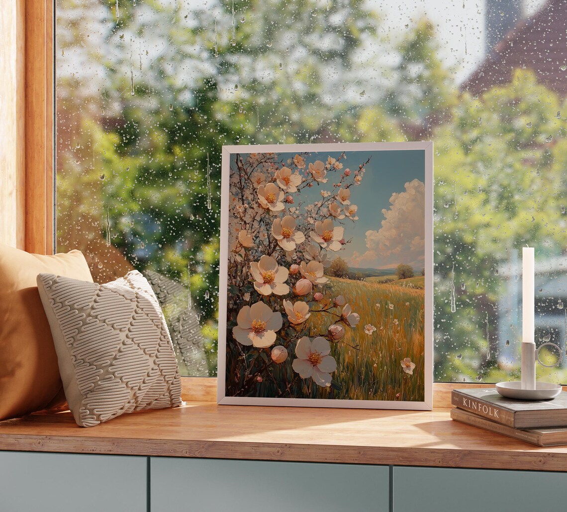 Blooming White Blossom Branch Over Sunny Meadow Spring Floral Poster - Image 5