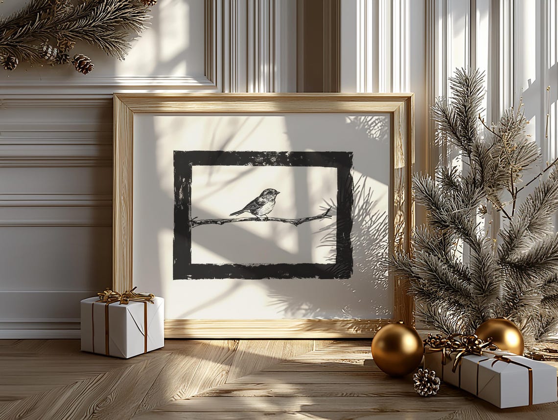 Black And White Songbird Sketch On Branch Rustic Nature Art Poster - Image 2