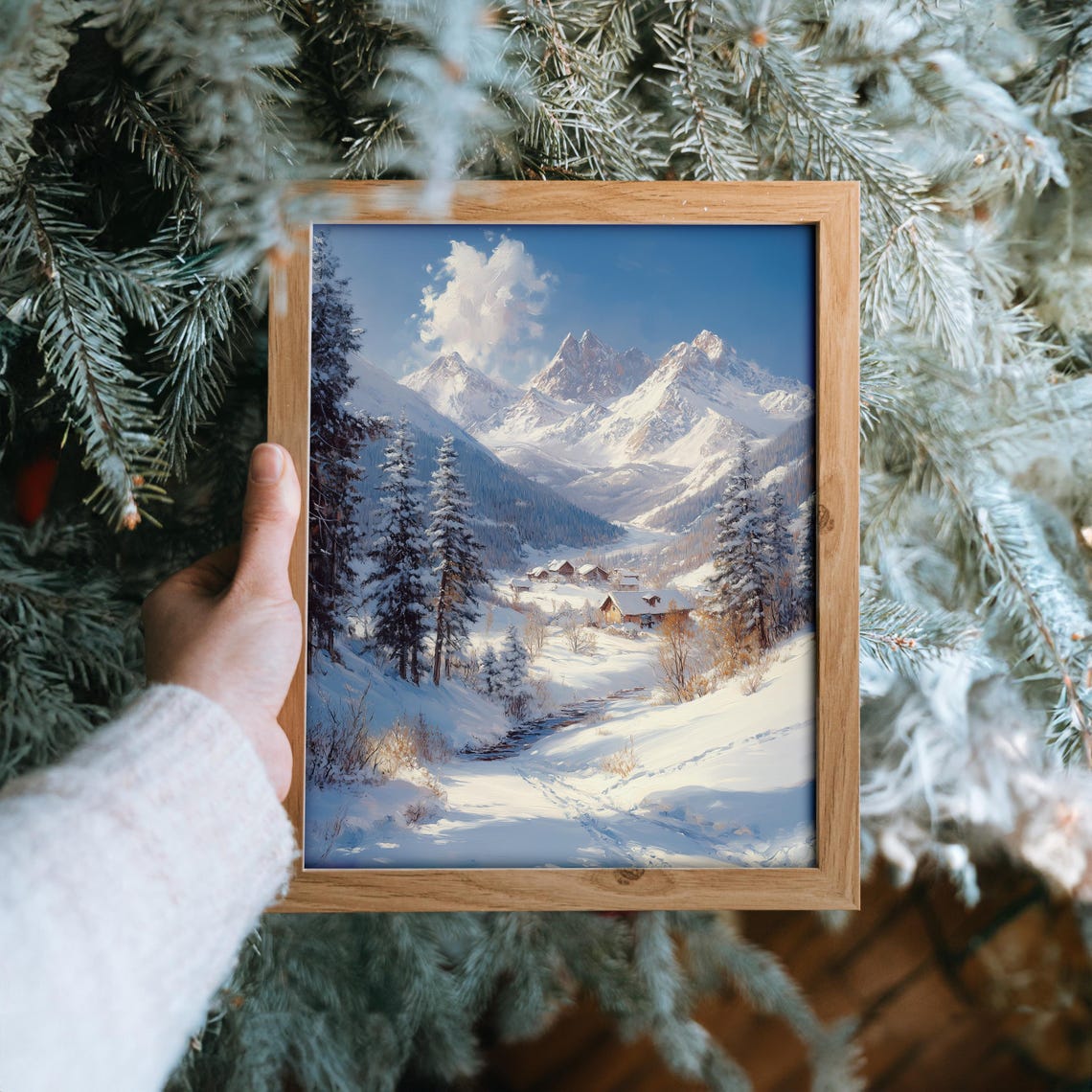 Snowy Mountain Village Cabins Alpine Winter Landscape Poster - Image 6