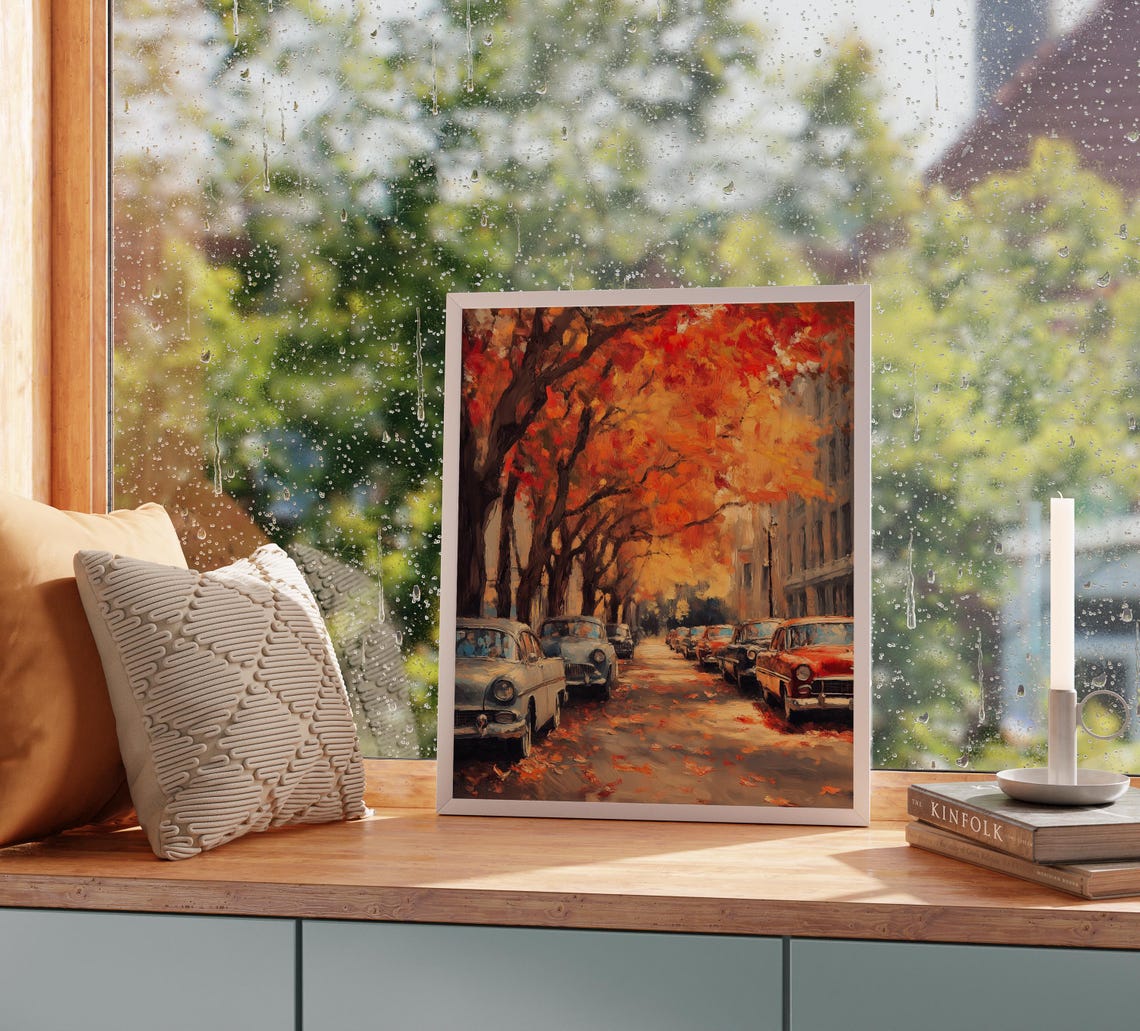 Vintage Classic Cars Lined Up on a Fall Street Under Red Maples Poster - Image 2