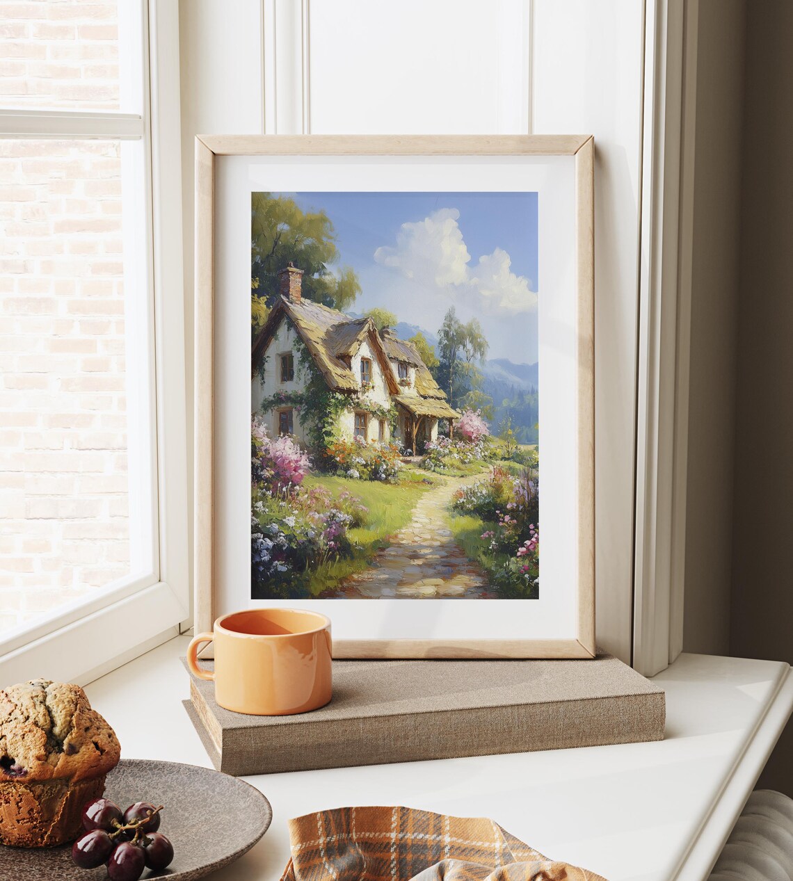 White Thatched Cottage Flower Garden Mountain View Summer Poster - Image 4